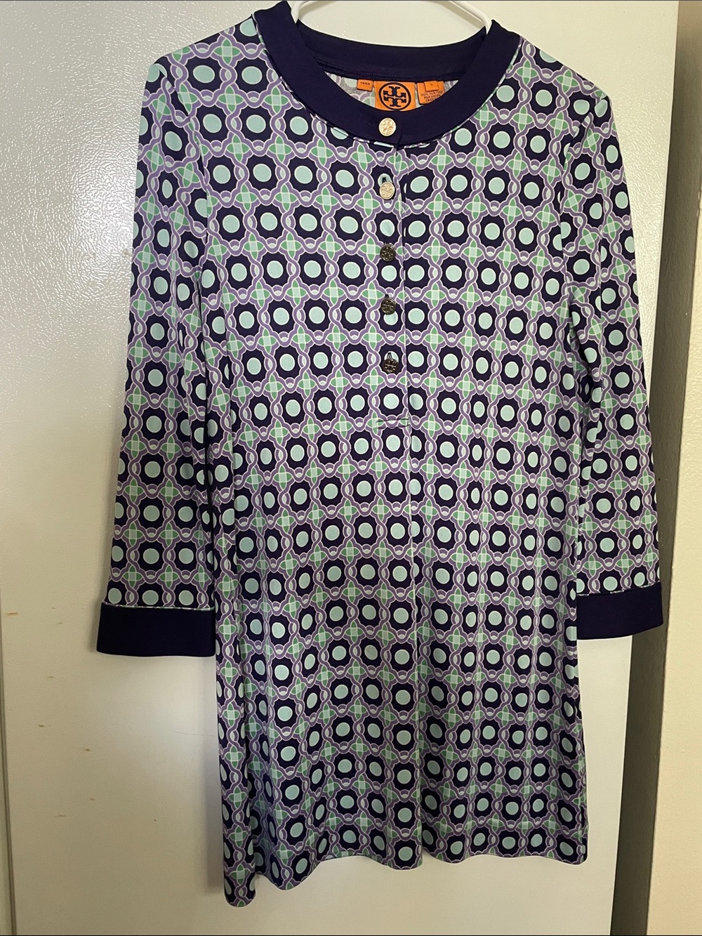Tory Burch Small 100% Silk Purple Trim Loud Luxury Logo Buttons 80s Retro Vibes